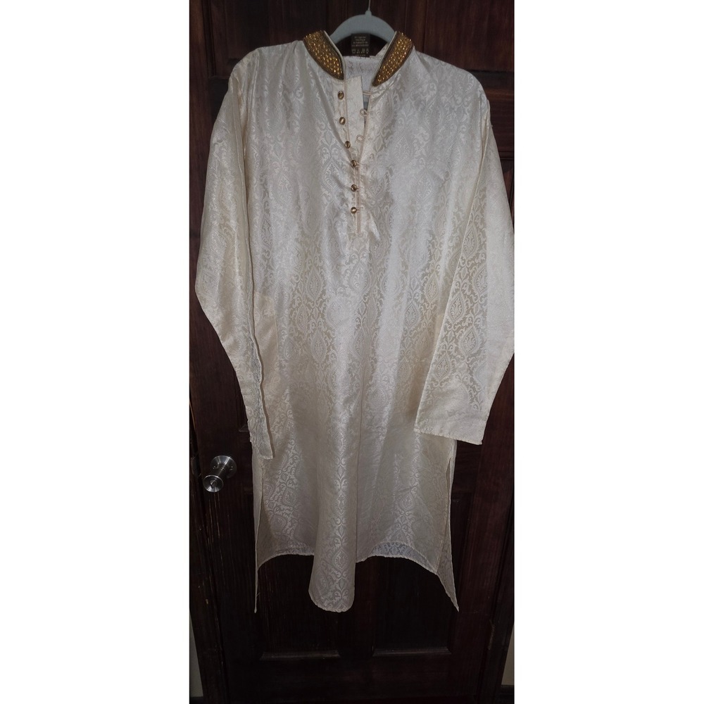 Mebaz Mens Ivory Jacquard Kurta Tunic Gold Embellished Collar XL 42 105cm
